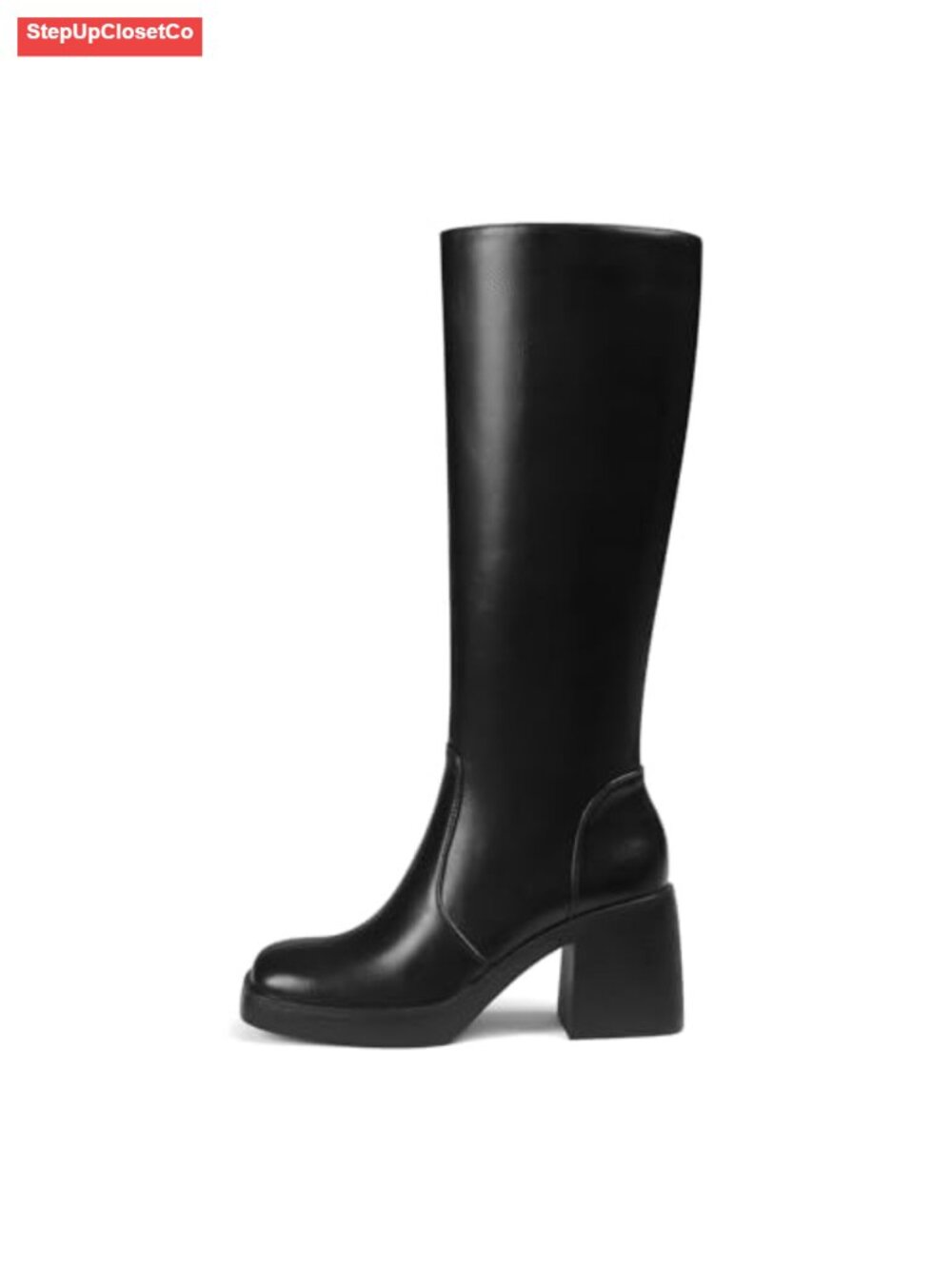 Faux Leather Square Toe Knee High Platform Boots w/ Side Zip